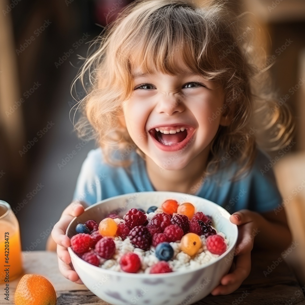 Smiling adorable child having breakfast eating oatmeal porridge with berries. Generative AI