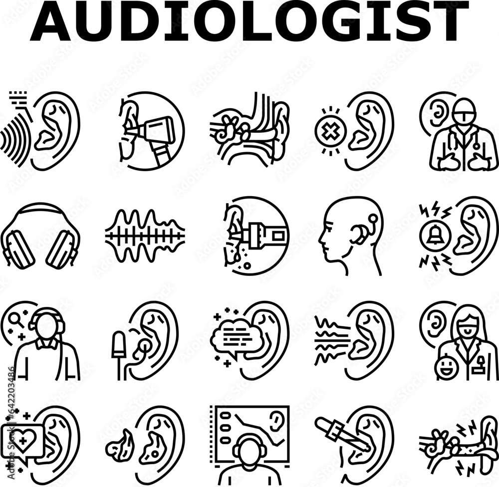 audiologist doctor ear deaf icons set vector. aid health ...