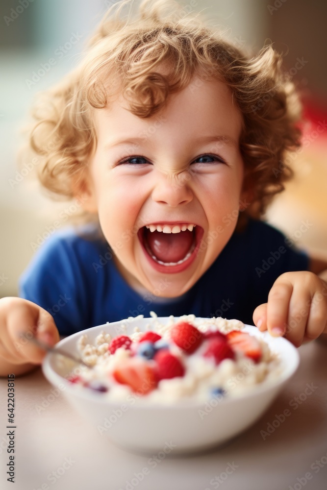 Smiling adorable child having breakfast eating oatmeal porridge with berries. Generative AI Smiling adorable child having breakfast eating oatmeal porridge with berries. Generative AI