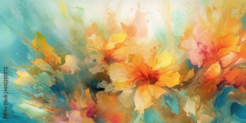 Beautiful abstract coral, turquoise, and yellow impressionistic floral design background. beautiful Generative AI AIG32