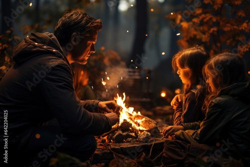 A family gathers around a bonfire, wrapped in cozy blankets and sharing stories as the cool autumn evening settles in. Concept of Bonfire Gathering. Generative Ai.