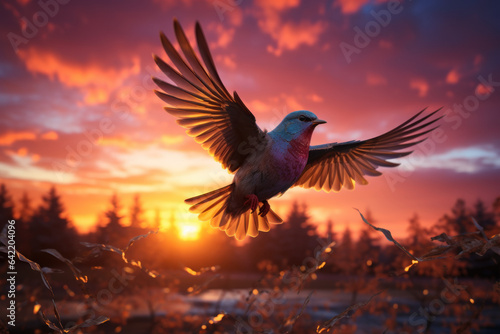 Silhouettes of birds in flight against a colorful sunset sky symbolize the migration patterns of autumn. Concept of Seasonal Journey. Generative Ai. © Sebastian