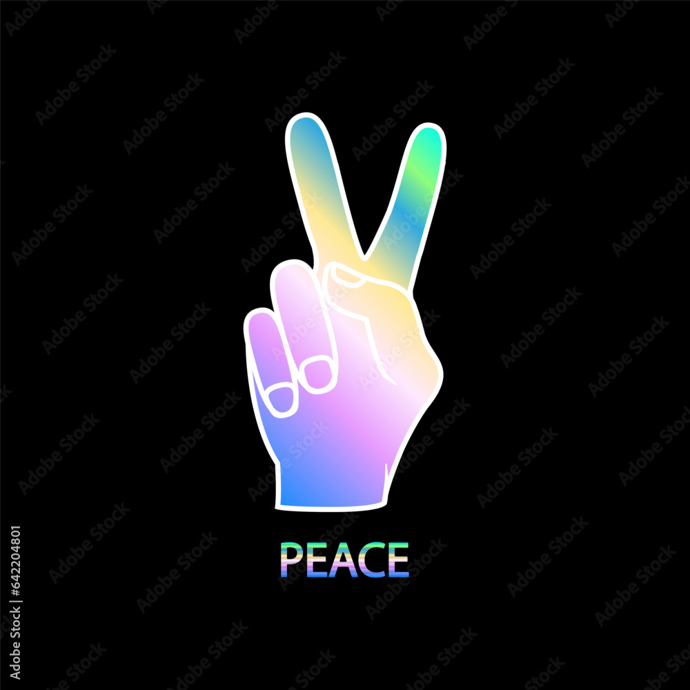 Hand showing peace sign, futuristic multicolored sticker. Hand showing peace sign, futuristic multicolored sticker.