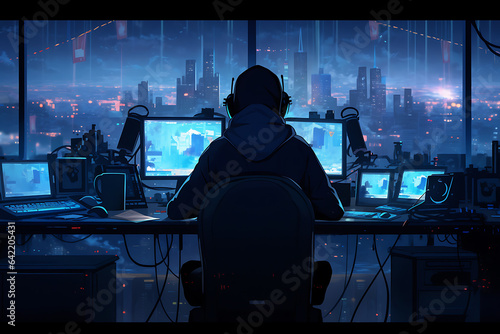 hacker sitting at the computer, cyber security and anti-spyware concept