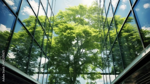 Looking up to the sky, close up view of office windows with reflection of green tree environment. Generative AI image weber.