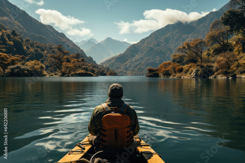 A traveler enjoys a leisurely paddle on a calm lake, finding solace in the rhythmic motion of the water and the beauty of the surroundings. Generative Ai.