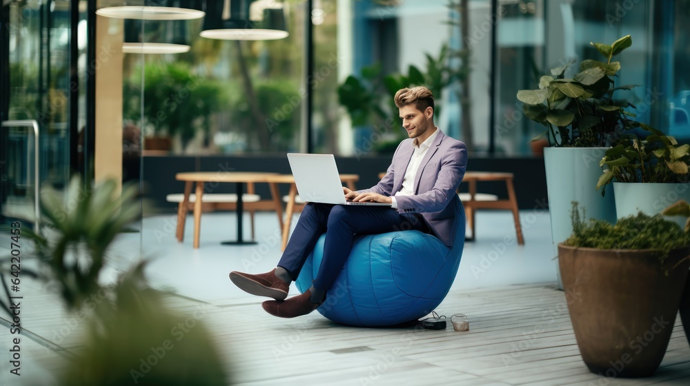 Businessman working on laptop while sitting on blue armchair in office. Business Concept. Coworker. Freelance Concept. Office Concept with Copy Space.