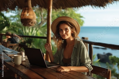 Beautiful young woman in hat using laptop in cafe on tropical beach. Business Concept. Coworker. Freelance Concept. Office Concept with Copy Space.