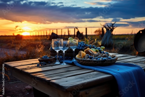 Farm-to-Table Abundance. sunset. Sunrise. Prosperous farm concept. rustic wood table.
