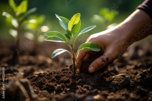 A close-up of a student's hand planting a sapling as part of an environmental awareness campaign. Generative Ai.