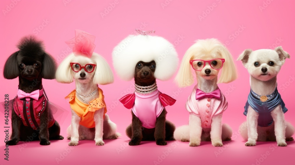Dog wearing fashionable costume for carnival party. Cute funny puppy dogs dressed up in Halloween costumes. Humanised animals concept..