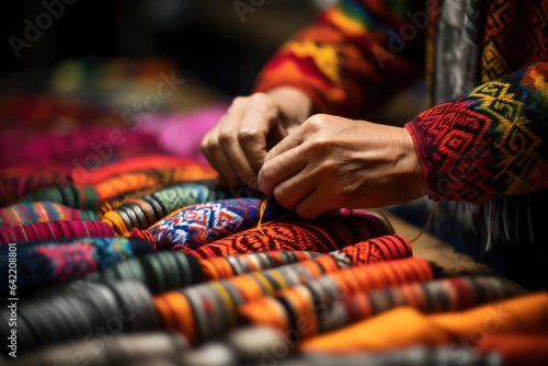 A close-up of a person's hand crafting intricate Mayan textiles in Guatemala, showcasing the ancestral craftsmanship of the region. Generative Ai.
