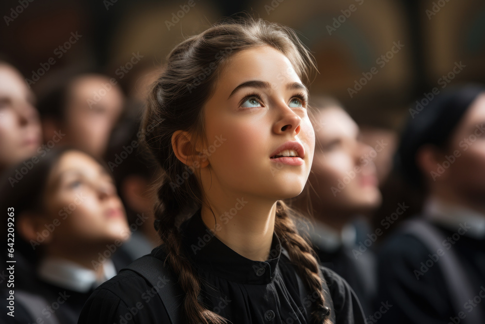 A close-up of a student's face as they bite their lip in concentration while rehearsing their lines for a school play. Generative Ai. A close-up of a student's face as they bite their lip in concentration while rehearsing their lines for a school play. Generative Ai.