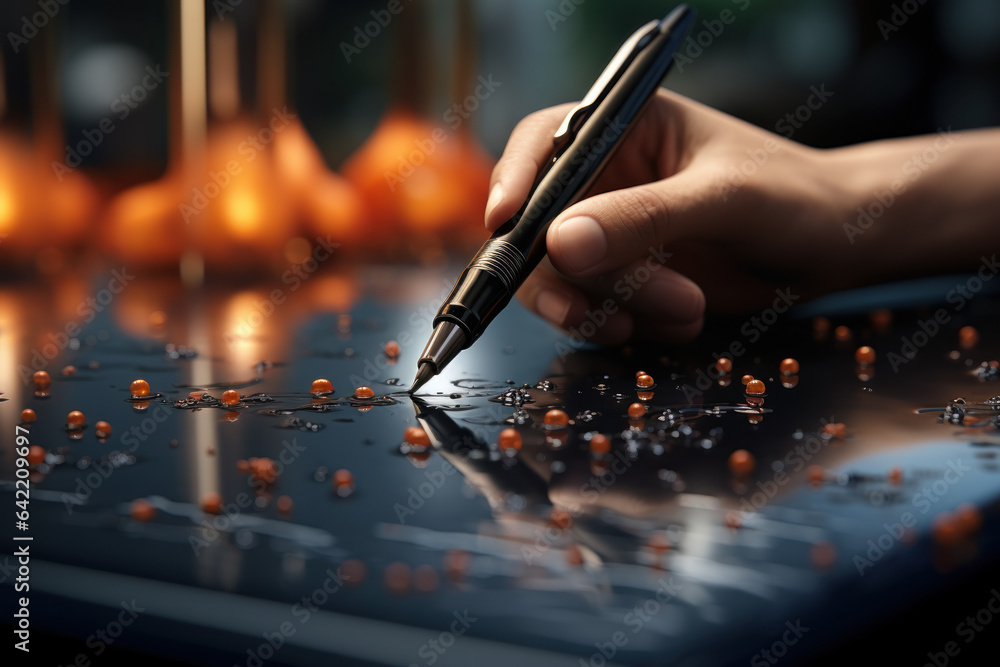 A close-up of a person's hand using a refillable fountain pen, minimizing the use of disposable plastic pens. Generative Ai. A close-up of a person's hand using a refillable fountain pen, minimizing the use of disposable plastic pens. Generative Ai.