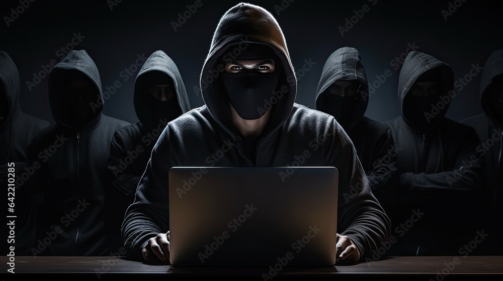 A hacker guy is sitting at a table in front of a laptop, a team is standing behind him. The man is stealing data. Internet security and personal data theft concept. Сybercrime and cybersecurity. A hacker guy is sitting at a table in front of a laptop, a team is standing behind him. The man is stealing data. Internet security and personal data theft concept. Сybercrime and cybersecurity.