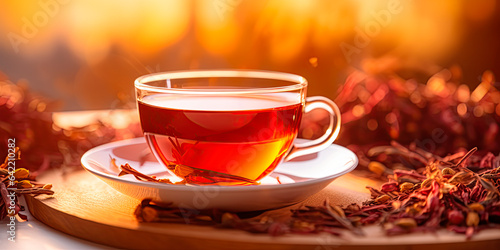 Cup of healthy traditional herbal rooibos red beverage tea with spices  