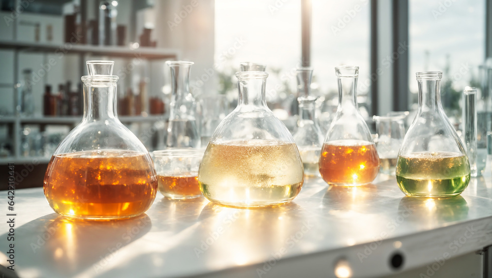 Glass flasks in the laboratory Glass flasks in the laboratory