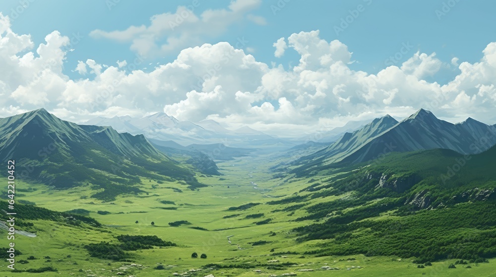 Naklejka premium Top view of a lush green valley on a summer sunny day. Panoramic view with mountain ranges on the horizon. Nature background. Illustration for cover, card, postcard, interior design, decor or print.