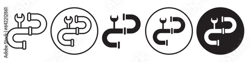 Pipe Repair Icon. Household bathroom pipeline fixing service tool symbol. Vector set of home drain plumbing tube. Flat outline of industrial sewer drainage cleaner sink. Logo of gas or water leak
