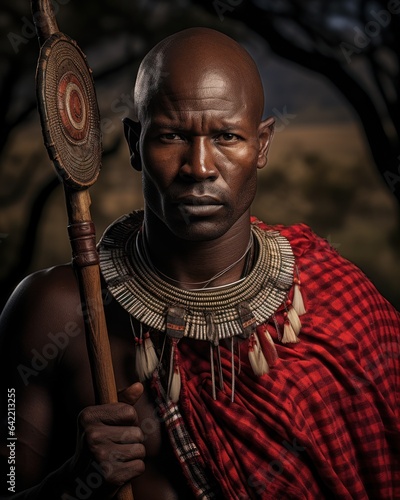 Maasai warrior in traditional attire, standing against a backdrop of the African landscape, holding a spear and shield. Generative AI
