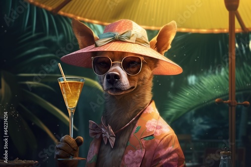 The dog wearing sunglasses and a fancy cocktail umbrella, having vacaction photo