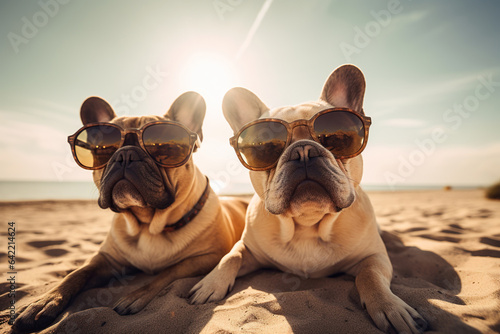 Two french bulldogs in sunglasses sitting on the beach 