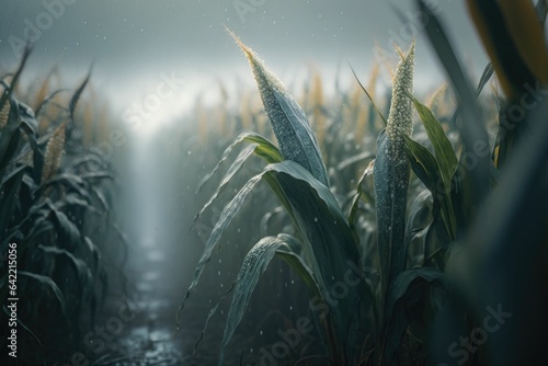 Rain-Streaming Over Foggy Cornfield: A Serene and Mystical Landscape Captured in Close-Up photo