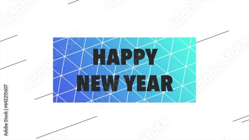 Happy New Year with blue triangles pattern on white gradient, motion abstract minimalism, geometric and winter holidays style background photo