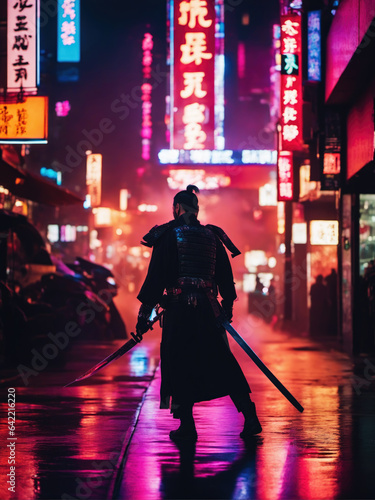 Lone cyber samurai in a neon-filled street, perfect for advertising futuristic tech products and cyber-themed marketing campaigns.