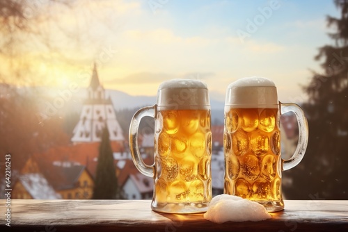 Two beer glasses outdoors under the sunlight, snowy mountains and castle in the background, winter vacation vibe