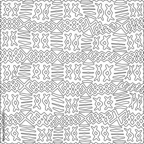 White background with black pattern. Texture with figures from lines.Line shape design.Abstract background for web page, textures, card, poster, fabric, textile. Monochrome graphic repeating design. 