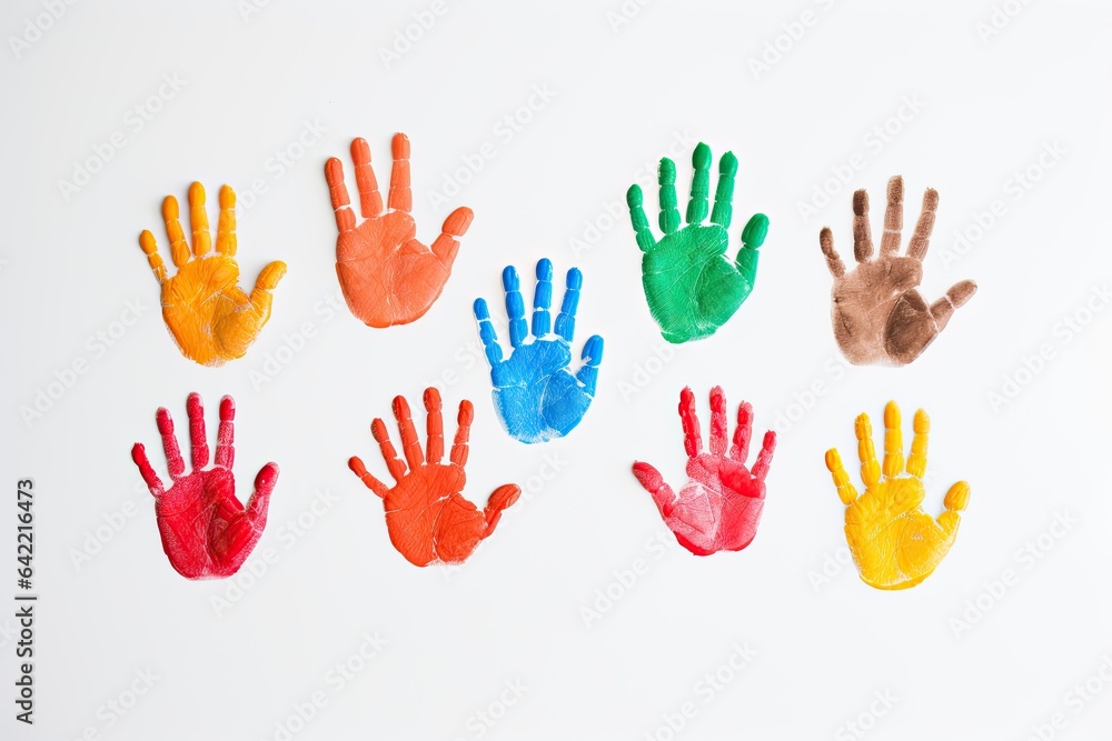 collection of colorful child hand prints isolated on white background