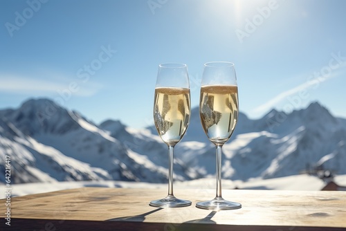 Two champagne glasses outdoors under the sunlight, snowy mountains and castle in the background, winter ski vacation vibe