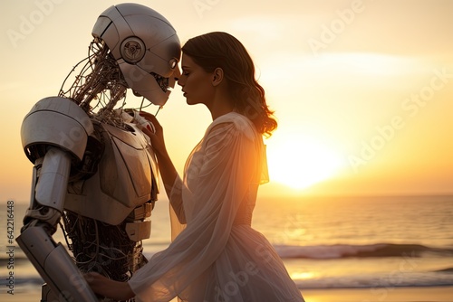 A couple of beautiful woman in a white dress kissing a humanoid robot on a beach during sunset