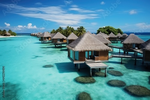 Maldives paradise scenery. Tropical aerial landscape  seascape with long jetty  water villas with amazing sea and lagoon beach  tropical nature. Exotic tourism destination banner  summer vacation