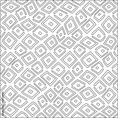 White background with black pattern. Texture with figures from lines.Line shape design.Abstract background for web page, textures, card, poster, fabric, textile. Monochrome graphic repeating design. 