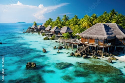 Photo Tropical island with water bungalows at Maldives