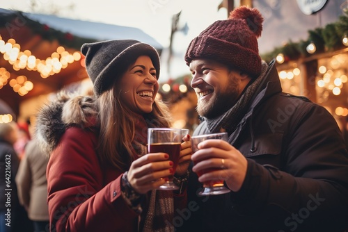 Fototapeta Two young cheerful people drinking mulled wine at the christmas market on a wint