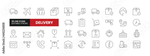 Set of 36 Delivery and Logistics line icons set. Delivery outline icons with editable stroke collection. Includes Fast Delivery, Courier, Fragile, Shipment, and More.