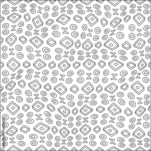 White background with black pattern. Texture with figures from lines.Line shape design.Abstract background for web page, textures, card, poster, fabric, textile. Monochrome graphic repeating design. 