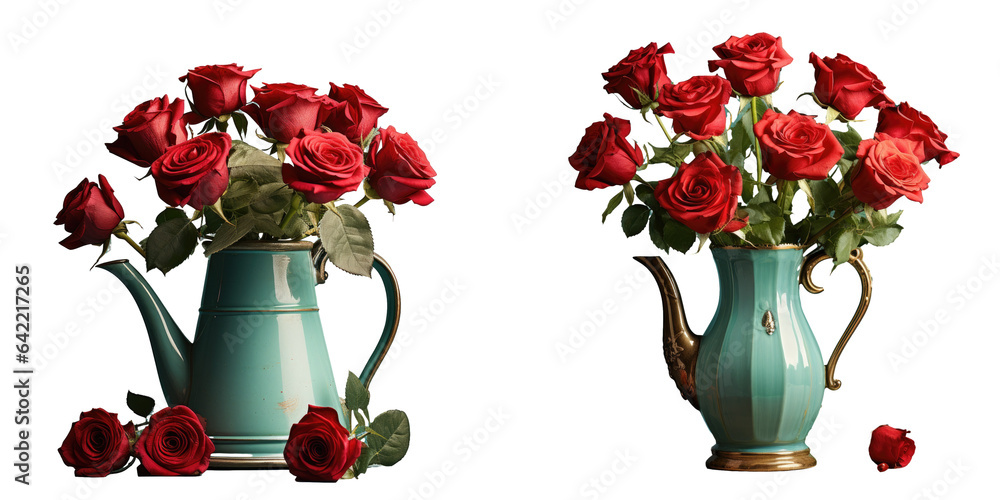 Obraz premium Red roses in turquoise coffee pot on a transparent background