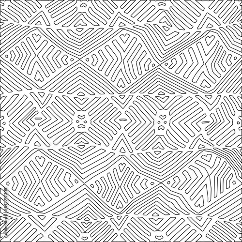 White background with black pattern. Texture with figures from lines.Line shape design.Abstract background for web page, textures, card, poster, fabric, textile. Monochrome graphic repeating design. 