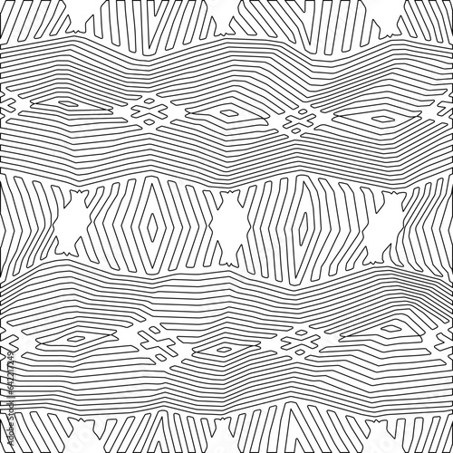 White background with black pattern. Texture with figures from lines.Line shape design.Abstract background for web page, textures, card, poster, fabric, textile. Monochrome graphic repeating design. 