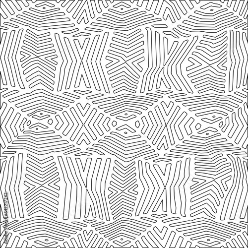 White background with black pattern. Texture with figures from lines.Line shape design.Abstract background for web page, textures, card, poster, fabric, textile. Monochrome graphic repeating design. 
