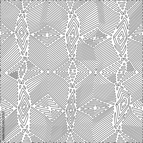 White background with black pattern. Texture with figures from lines.Line shape design.Abstract background for web page, textures, card, poster, fabric, textile. Monochrome graphic repeating design. 