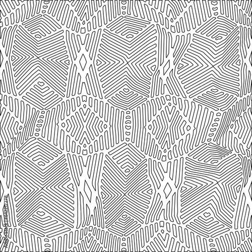 White background with black pattern. Texture with figures from lines.Line shape design.Abstract background for web page, textures, card, poster, fabric, textile. Monochrome graphic repeating design. 