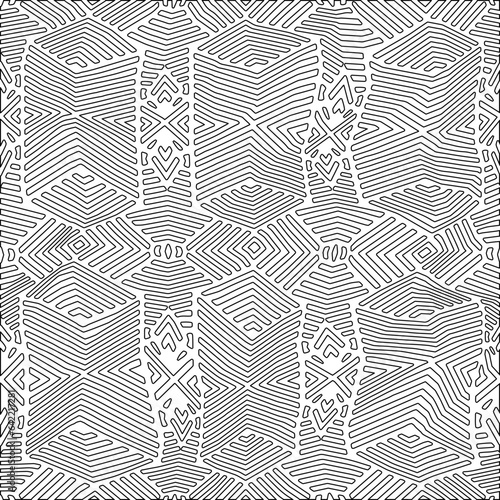 White background with black pattern. Texture with figures from lines.Line shape design.Abstract background for web page, textures, card, poster, fabric, textile. Monochrome graphic repeating design. 