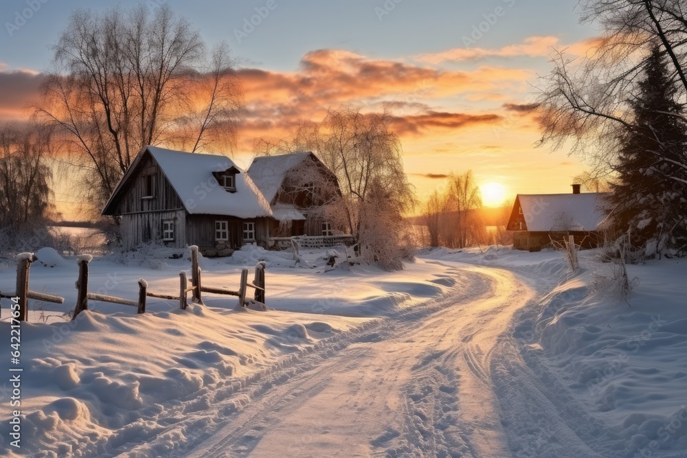 Beautiful Winter landscape in a small village at sunset - stock concepts