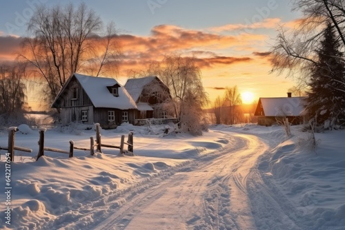Beautiful Winter landscape in a small village at sunset - stock concepts © 4kclips