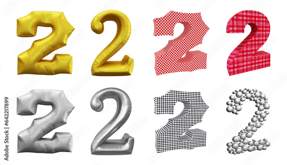 Set of number 2 in 3d rendering isolated on transparent background for math, business and education concept Set of number 2 in 3d rendering isolated on transparent background for math, business and education concept